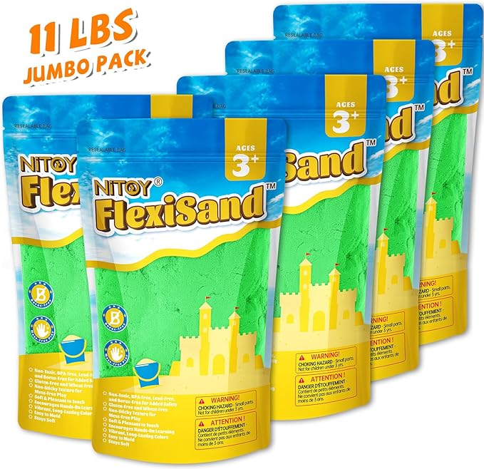 NiToy FlexiSand Value Pack Colored Moldable Self-Sticking Sand, Never Dries Out Fun for 3 Years and Up Kids, Bulk Refill for Sensory Sand Box Toys, Ideal for Shaping and Molding (11lbs, Green)