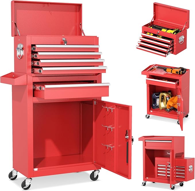 INTERGREAT Tool Chest, 5 Drawers Rolling Tool Chest with Detachable Top Tool Box, Tool Chests with Universal Lockable Wheels, Metal Tool Cart for Garage, Workshop, Barbershop