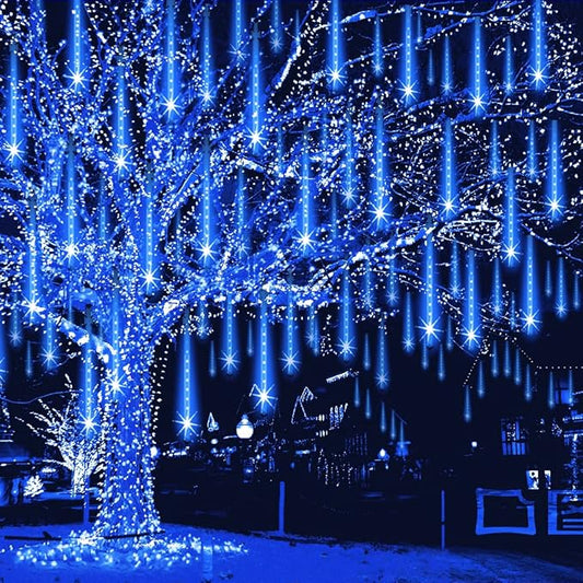 Meteor Shower Lights Outdoor Christmas Lights UL Certified Falling Rain Drop Snowfall Icicle Cascading String Light for Xmas Holiday Tree Wedding Party Garden Decor Blue, 12 Inch 8 Tubes