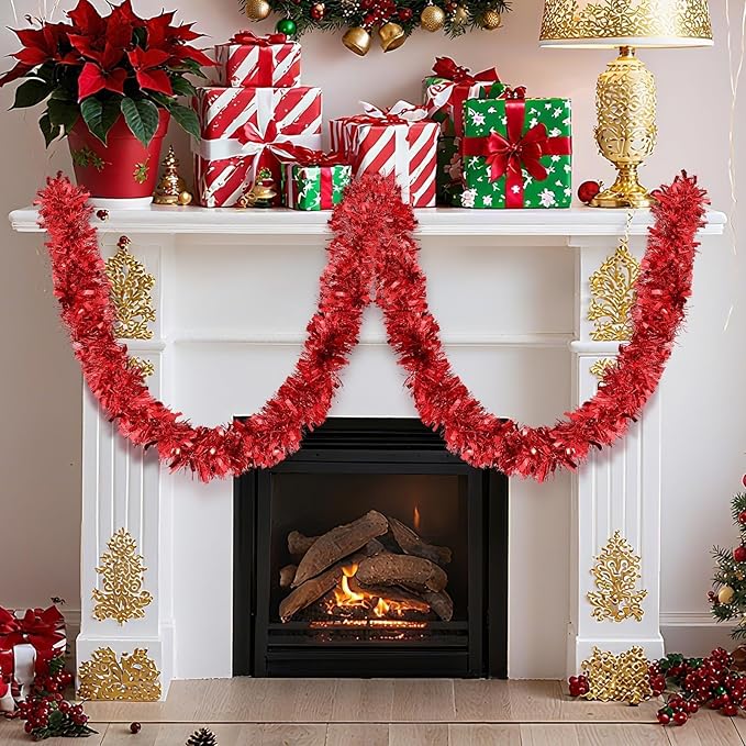 33 FT Red Christmas Tinsel Garland, Metallic Christmas Tree Decoration, Candy Cane Christmas Decoration for Holiday Classroom Halloween Birthday Party,Indoor and Outdoor New Year Parties