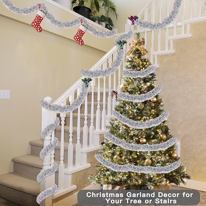 50FT Silver Christmas Tinsel Garland Metallic Twist Shiny Christmas Tree Decorations, Xmas Holiday Hanging Garland for Home Mantle Stair Indoor Outdoor Hodiday Decor Party Supplies - Silver White