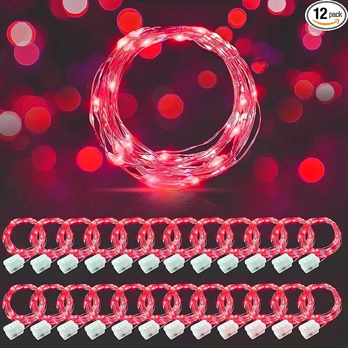 AIKEI 24 Pack LED Fairy Lights Battery Operated, Mini String Lights Waterproof 7ft 20 Led Firefly Starry Lights for Valentines Day Wedding Party Bedroom Garden Christmas Decoration Red