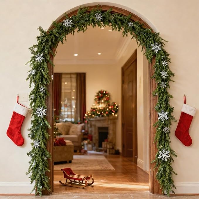 Christmas Garland 9FT Real Touch Artificial Pine Garland, Christmas Greenery Garland for Mantle Decorations, Christmas Garland for Stairs Railing, Wall, Table, Indoor Outdoor Holiday Decor