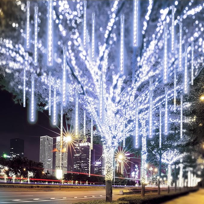 2 Pack Christmas Decorations Lights Outdoor, Extendable Meteor Shower Lights with Timer, Total 384LED 30cm 16 Tubes Indoor Outdoor Snow Cascading String Light for Xmas Garden Party Decor (Cool White)