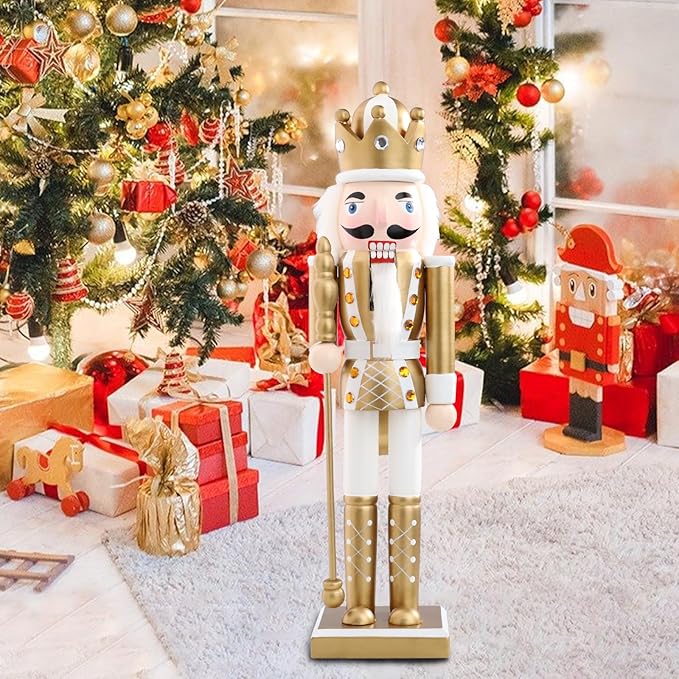 Christmas Nutcrackers Figure 15Inch 1PCS Wooden Nutcracker Ornament Nutcracker Christmas Decoration Figures for Desktop Home Decor Kids Gift Gold
