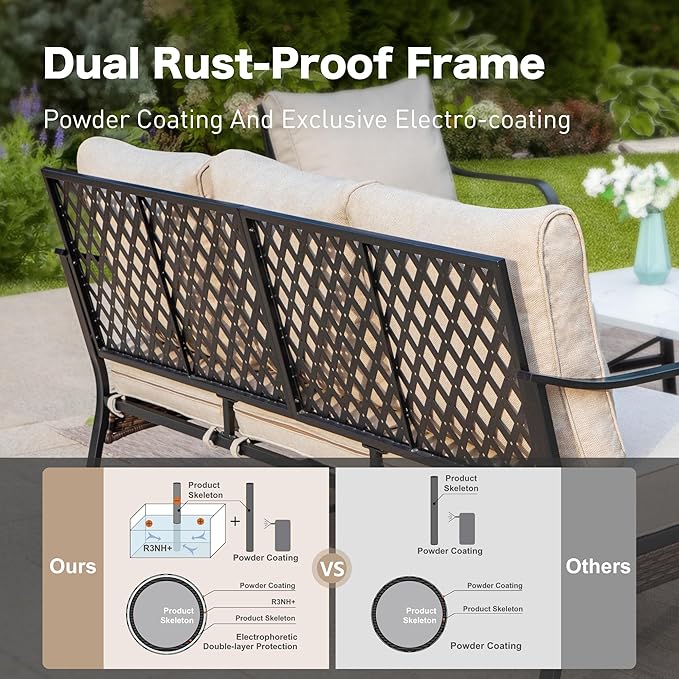 5 Piece Metal Outdoor Patio Furniture Set with Firepit Table, Patio Conversation Sets 1 3-Seater Sofa, 2-Seater Loveseat, 2 Rocking Chairs with 5.75" Cushion for Backyard Deck, Beige