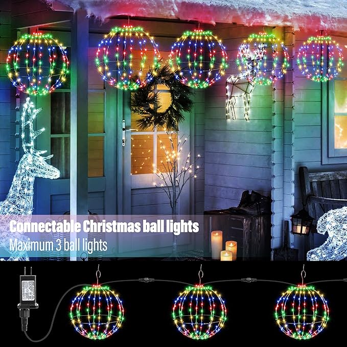 Joomer 2 Pack Christmas Ball Lights, 13IN & 11IN Foldable Metal Sphere Light, Connectable Waterproof 8 Modes with Timer, Hanging Tree Globe Lights for Holiday Christmas Decorations (Multicolor)