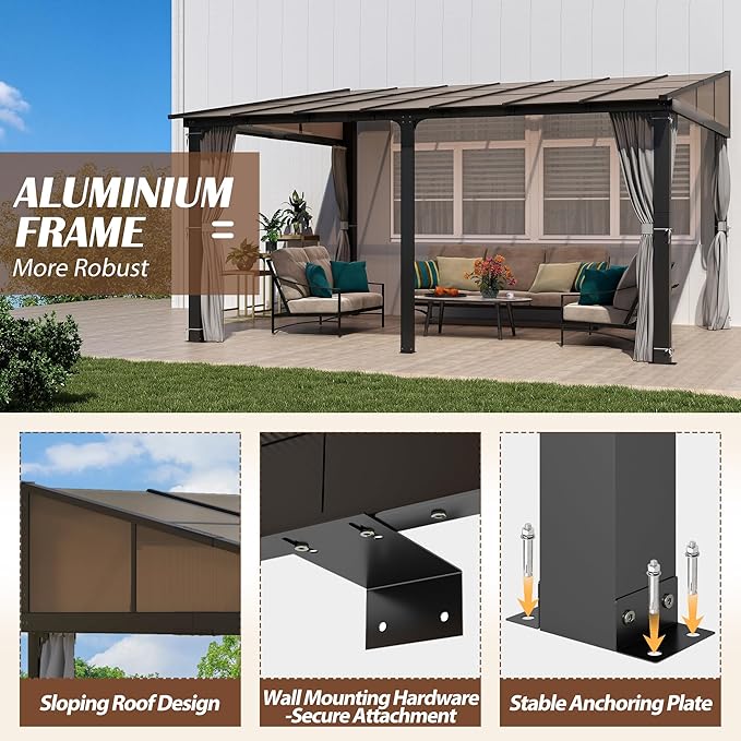 12x14FT Outdoor Wall-Mounted Hardtop Gazebo, Aluminum Frame Lean to Gazebo with Polycarbonate Roof and Curtains for Patio, Garden, Deck