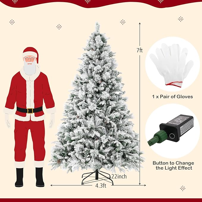 GOFLAME 7 FT Artificial Christmas Tree with Pine Needles, Snow Flocked Xmas Tree with 1270 PE & PVC Branch Tips, 320 LED Lights & 40 Pine Cones, Hinged Decoration Tree with 8 Lighting Modes