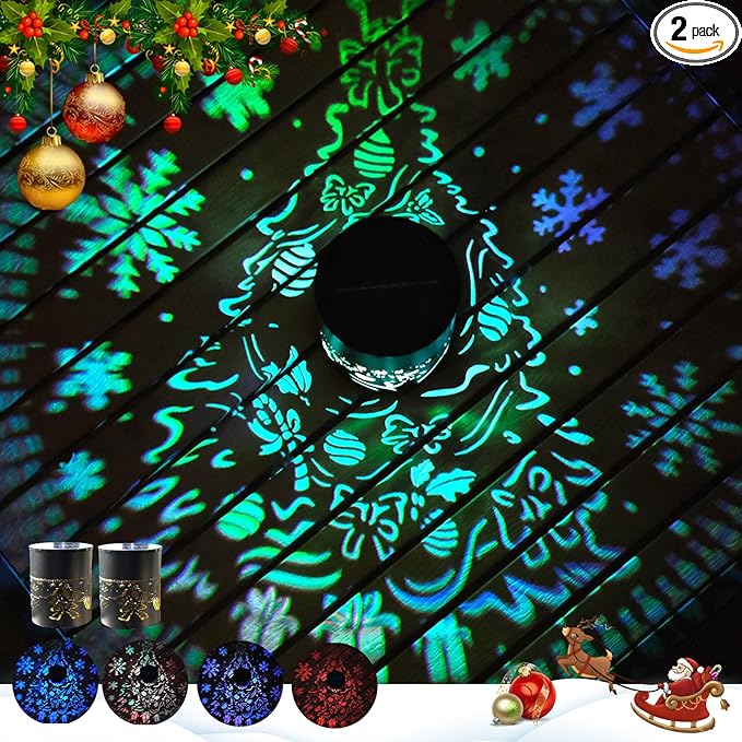 Christmas Tree Theme Solar Fence Lights - 2 Pack Color Changing Solar Lights Outdoor Waterproof Metal Step Wall Deck Fence Light for Post Patio Backyard Garden - Christmas Decorations Gifts for Women.