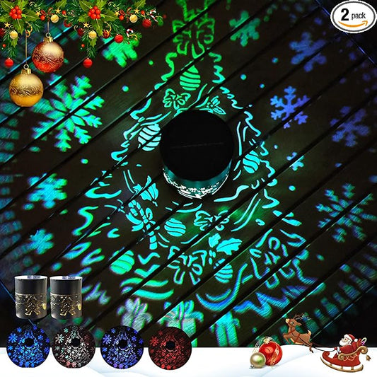Christmas Tree Theme Solar Fence Lights - 2 Pack Color Changing Solar Lights Outdoor Waterproof Metal Step Wall Deck Fence Light for Post Patio Backyard Garden - Christmas Decorations Gifts for Women.