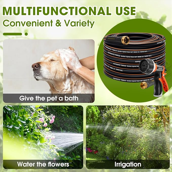 Heavy Duty Garden Hose ? 5/8 Inch Flexible, Lightweight Hybrid Hose with 600 PSI Burst Pressure, Swivel Handle, and Durable Copper Male/Female Fittings (Black with hose sprayer, 75FT)