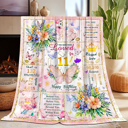 11 Year Old Girl Birthday Gifts, Gift for 11 Year Old Girl, Super Soft Cool Funny Pink Butterfly Flower Blanket for Girls, 11th Birthday Decorations for Girls, Warm Cozy Plush Fuzzy Blanket 50"x40"