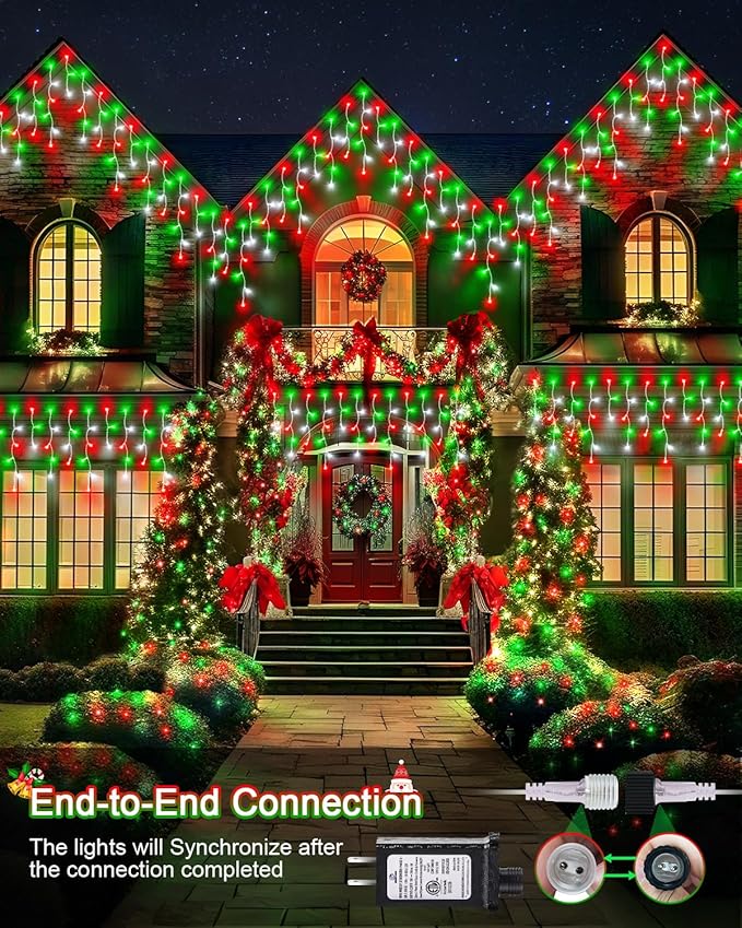 106 FT Christmas Lights Outdoor, 972 LED Waterproof Outside Christmas Lights Plug in, Connectable 8 Modes Hanging Fairy Lights with 216 Drops for House Eaves Yard Patio Decoration,Red Green and White