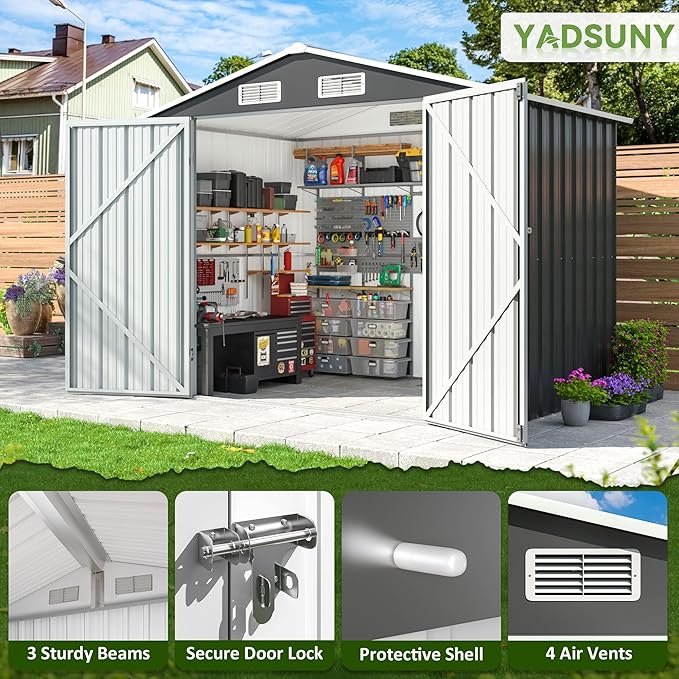 8x6 FT Outdoor Storage Shed, Metal Garden Tool Shed with Updated Frame Structure and Lockable Doors, Ideal for Backyard Garden Patio Lawn, Grey