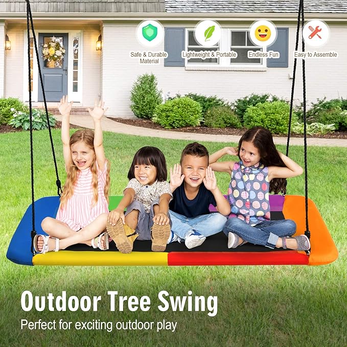 Costzon 700lb Giant 60'' Platform Tree Swing for Kids and Adults, Wear- Resistant Indoor/Outdoor Rectangle Swing with Durable Steel Frame and 2 Hanging Straps for Porch, Backyard (Rainbow)