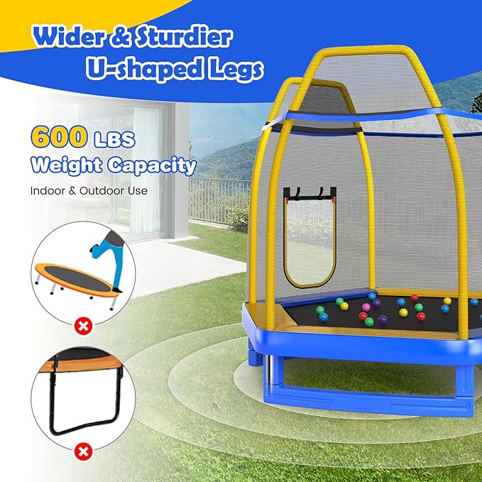 GYMAX Trampoline for Kids, ASTM Approved 7FT Trampoline with Slide, Ladder, Ocean Balls & Mats, Small Indoor/Outdoor Toddler Recreational Trampoline with Enclosure Net, Backyard Trampoline