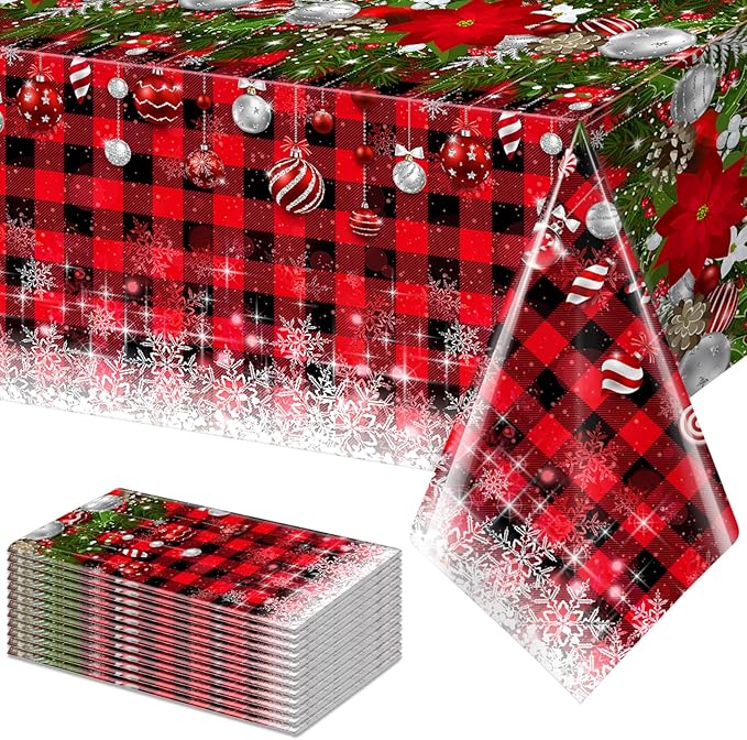 12Pcs Christmas Buffalo Plaid Snowflake Tablecloths,Plastic Red and Black Checkered Rectangle Christmas Tree Color Ball Table Cover for Winter Xmas New Year Holiday Party Decorations,54x108 inch
