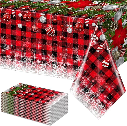 12Pcs Christmas Buffalo Plaid Snowflake Tablecloths,Plastic Red and Black Checkered Rectangle Christmas Tree Color Ball Table Cover for Winter Xmas New Year Holiday Party Decorations,54x108 inch