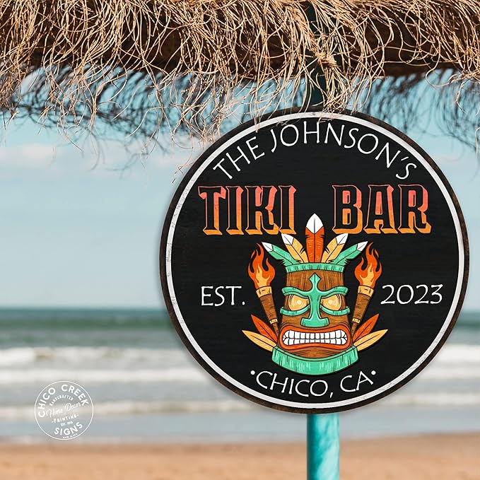 Personalized Tiki Bar Sign, Backyard Sign, Wall Decor, Tropical Sign, Surf Beach Wall Art, Patio Plaque, Bar Grill, Made in USA 18" 100180050004