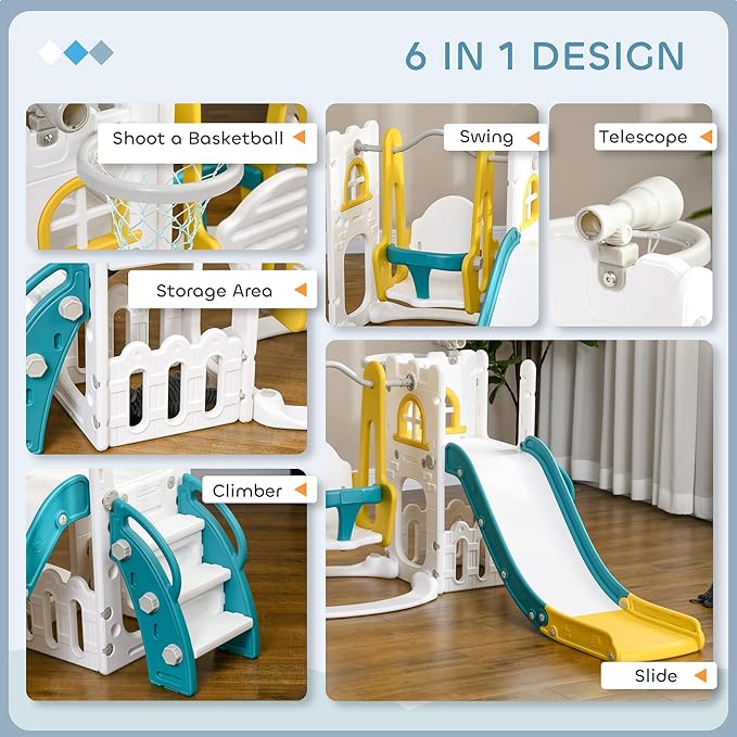 Qaba 6 in 1 Toddler Slide and Swing Set, Toddler Playground for Ages 1-3 Years with Basketball Hoop, Climber, Storage Space, Telescope, Indoor/Outdoor Playset, Yellow