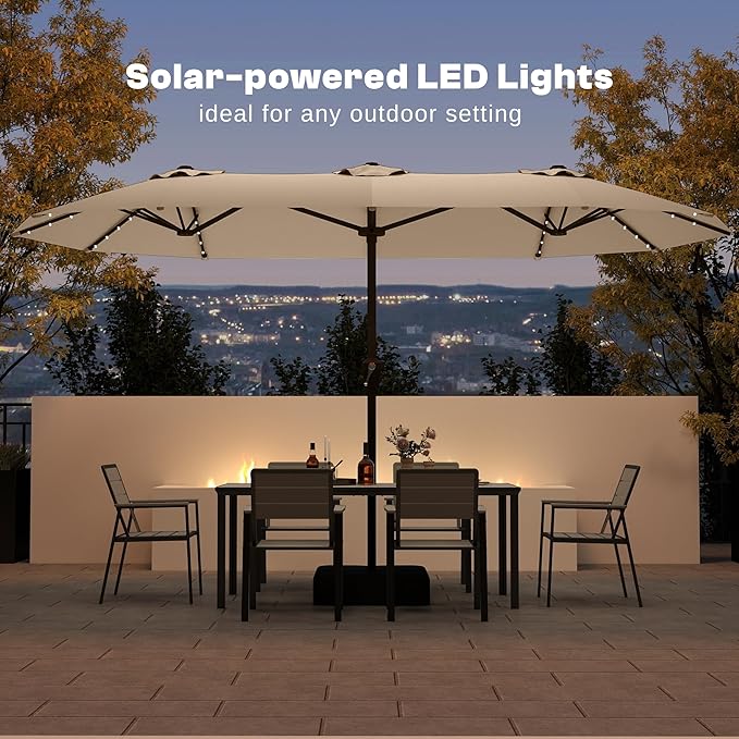 13FT Double-Sided Patio Umbrella with 48 Solar LED Lights, Large Rectangular Outdoor Market Umbrella with Crank Handle, Vented Canopy, Heavy-Duty 12 Rib Steel Frame, for Backyard, Garden, Pool, Beige