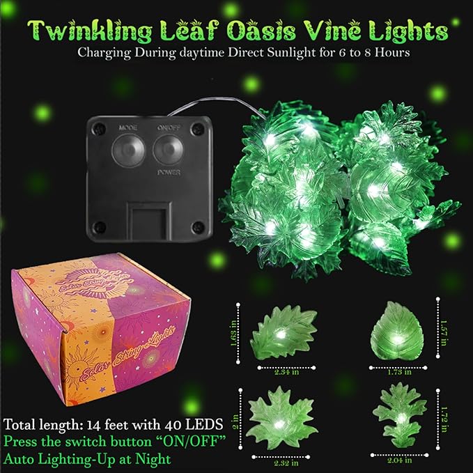 Twinkling Leaf Oasis Vine Lights 14ft Solar String Lights with 40 LED Artificial Ivy Vines Greenery Garland, Fake Hanging Plants for Bedroom Outdoor Decor, Solar Lights for Garden