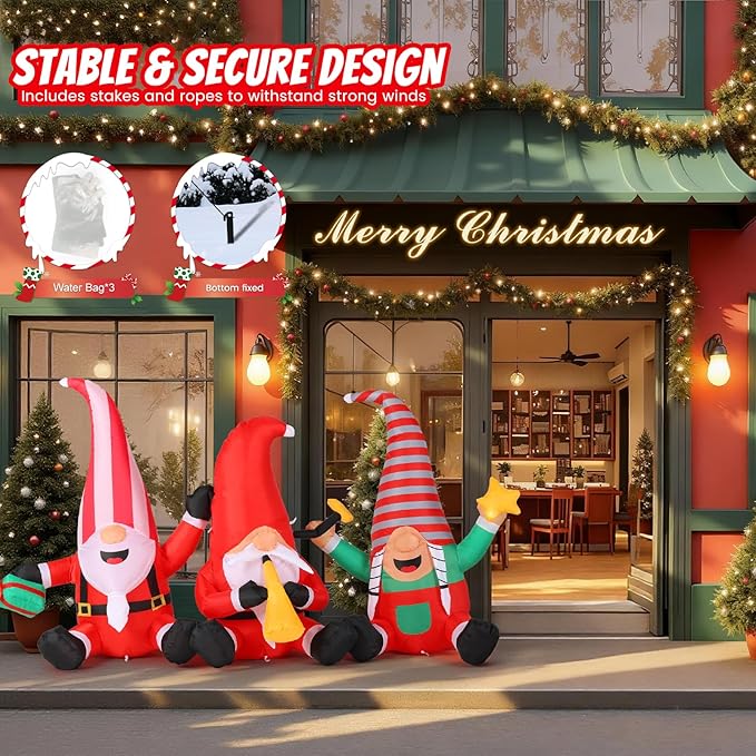 Christmas Decorations Inflatables Outdoor, 7.55FT Long Gnome Xmas Blow Up Built-in LED Lights with Trumpets, Stars and Gift Box Holiday Decor for Garden Lawn Yard Patio Bistro Indoor