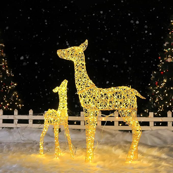 Hykolity 3.5 FT 3D Lighted Outdoor Christmas Reindeers, 2-Piece Light UpTwinkling Deer Set with 900 Warm White LED Lights, Groud Stakes, Zip Ties for Holiday Decorations