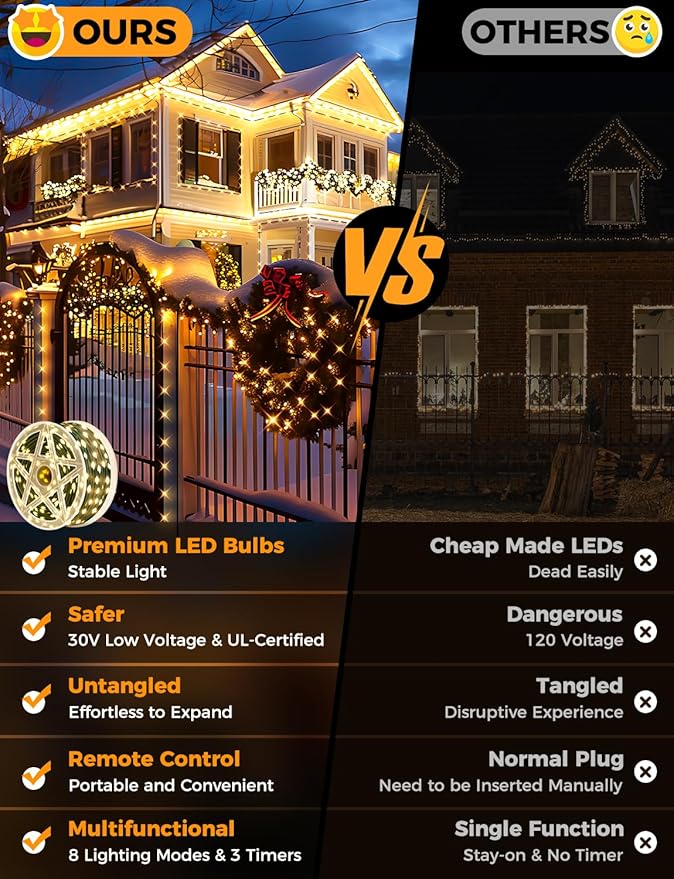 Brightever LED Christmas Tree Lights - 900 Bulbs 295FT, Plug-in Outside Christmas Light with Remote, 8 Lighting Modes, 3 Timers, Dimmable, LED Light Decor for Xmas Tree, Car, Fence (Warm White)