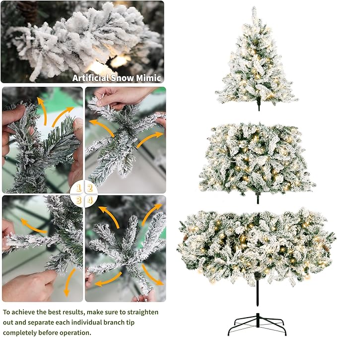 HOTEAGLE 7.5FT Prelit Artificial Christmas Tree, Snow - Dusted Pencil Tree with 400 UL Listed Multicolored Lights for Indoor Home & Office Christmas Decoration (50 * 50 * 90in)