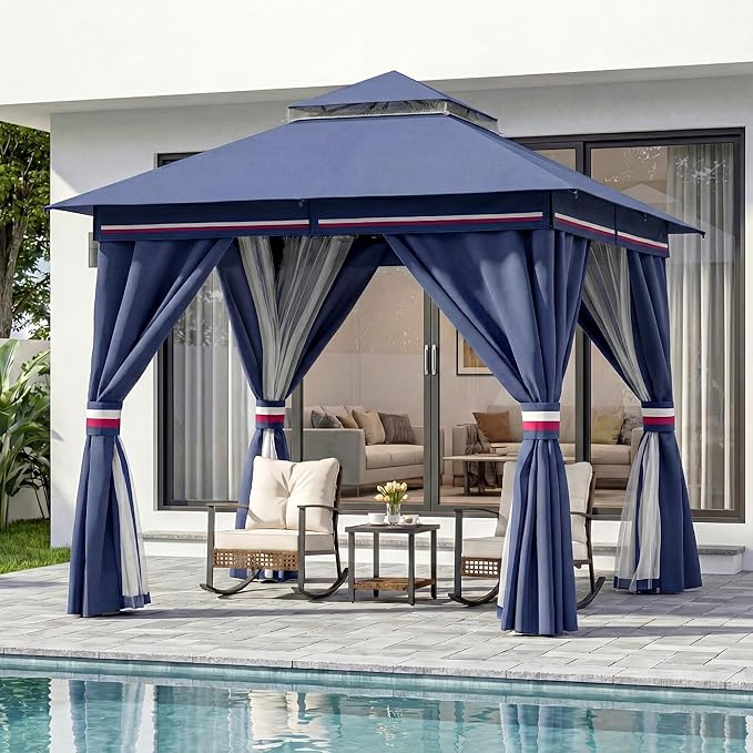 LAUSAINT HOME 8x8ft Outdoor Patio Gazebo with Double Roof, Heavy Duty Waterproof Gazebo Canopy Tent with Mosquito Netting for Backyard, Garden, Lawn & Wedding, Classic Blue