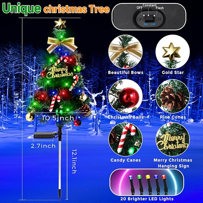 Solar Christmas Decorations Outdoor，DEIDOULU Solar Christmas Tree, 2 Pack 40 Led Light 2 Modes Outdoor Xmas Tree Light décor Pathway Lights Patio Yard