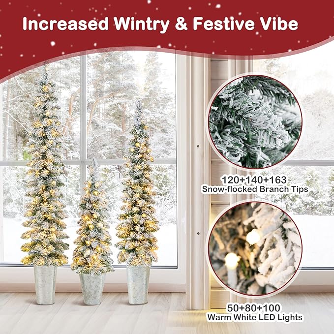 GOFLAME Set of 3 Pre-Lit Potted Christmas Trees, Snow Flocked Pencil Christmas Tree Set 3Ft, 4Ft and 5Ft with Warm White LED Lights, Timer, Holiday Decoration Tree for Home Party