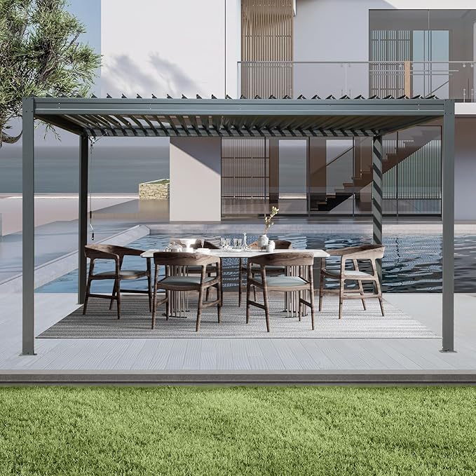 10’ x 13’ Louvered Pergola, Outdoor Pergola Aluminum Frame with Adjustable Rainproof Metal Roof, Permanent Sun Shade with Drainage System for Backyard, Garden and Lawn (Grey)