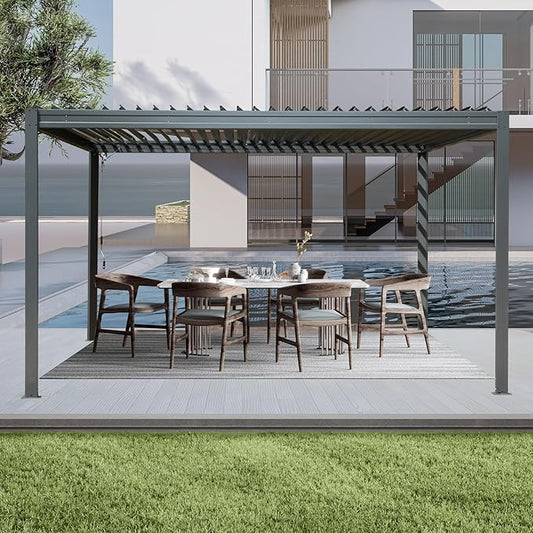 10’ x 13’ Louvered Pergola, Outdoor Pergola Aluminum Frame with Adjustable Rainproof Metal Roof, Permanent Sun Shade with Drainage System for Backyard, Garden and Lawn (Grey)