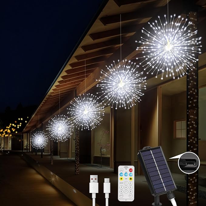 Solar Christmas Firework Lights Outdoor, 5 Pack 1000LED Solar Starburst Lights with Remote, 8 Modes Dimmable Waterproof Hanging Fairy Lights for Garden, Patio, Holiday Christmas Decor (White)