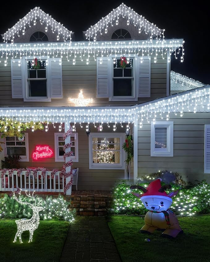 Cool White Christmas Lights Outdoor,2 Pack 53FT 486 LED Plug in Waterproof Christmas Lights for Outside, Timer & Memory, 8 Modes Hanging Fairy Light for Wedding Decorations House Eaves Yard Patio