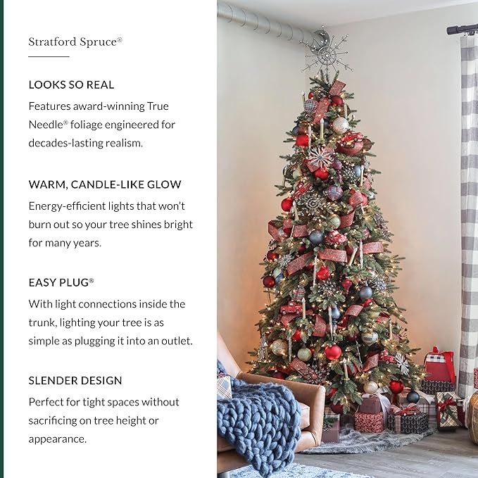Balsam Hill Stratford Spruce - Slim Artificial Christmas Tree with True Needle Foliage & Premium Stand for Small Spaces, Clear LED, 6ft 6in