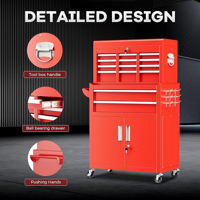 Bonusall 8 Drawer Rolling Tool Chest and Cabinet Combo,Heavy-Duty Metal Garage Tool Chest with Wheels and 2 Doors,2-in-1 Top Box and Roller Cabinet Combo for Garage, Workshop, Warehouse-Red