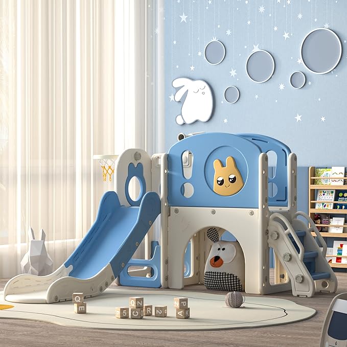 8-in-1 Toddler Slide and Climber Playset, Kids Slide Playground with Stairs, Tunnel, Telescope, Storage, Basketball Hoop and Ball, Indoor Outdoor, 1-3 Years Old, Blue