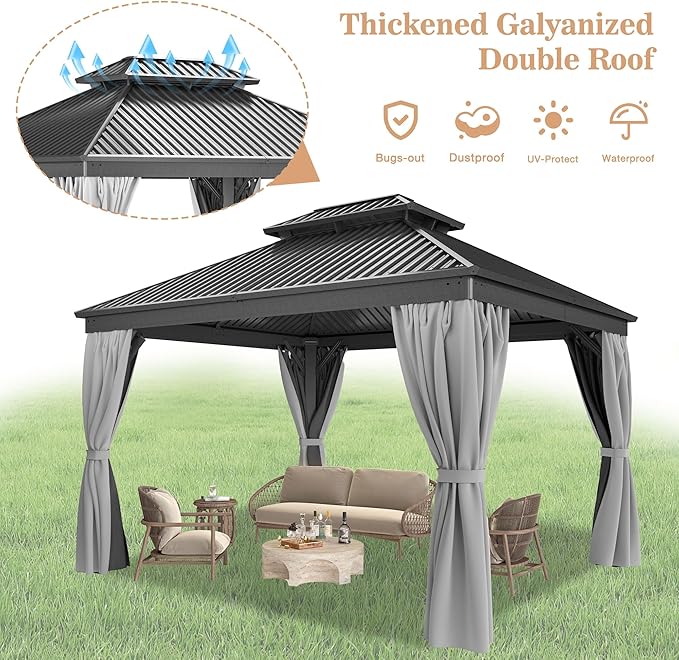 WKM 10x12 FT Hardtop Gazebo with Heavy Duty Galvanized Steel Double Roof, Aluminum Frame Permanent Pavilion with Curtains and Netting, Outside Canopy Gazebo for Patio, Deck and Backyard, Grey