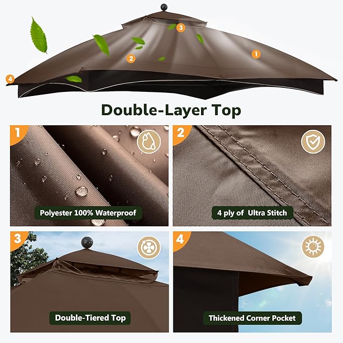 ABCCANOPY Gazebo Replacement Canopy Top for Lowe's Allen Roth #GF-12S004B-1, New Brown