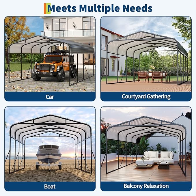 Metal Carport, 12x20 FT Outdoor Carport Canopy with Reinforced Base and Galvanized Steel Roof, Heavy Duty Garage Car Shelter Shade for SUV, Truck, Boats