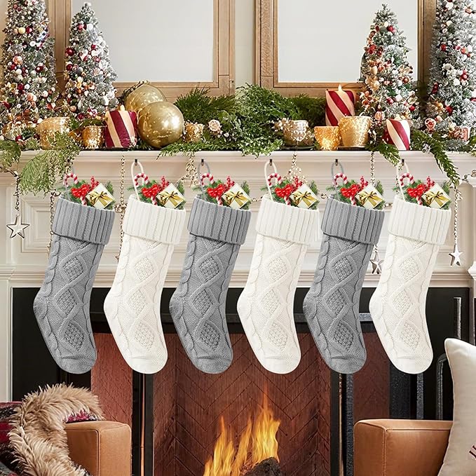 Christmas Stockings 18 Inches,Long Knitted Socks Christmas Decoration Hanging Stocking Fireplace Xmas Tree Stocking for Home Family（6P-3white+3gray）