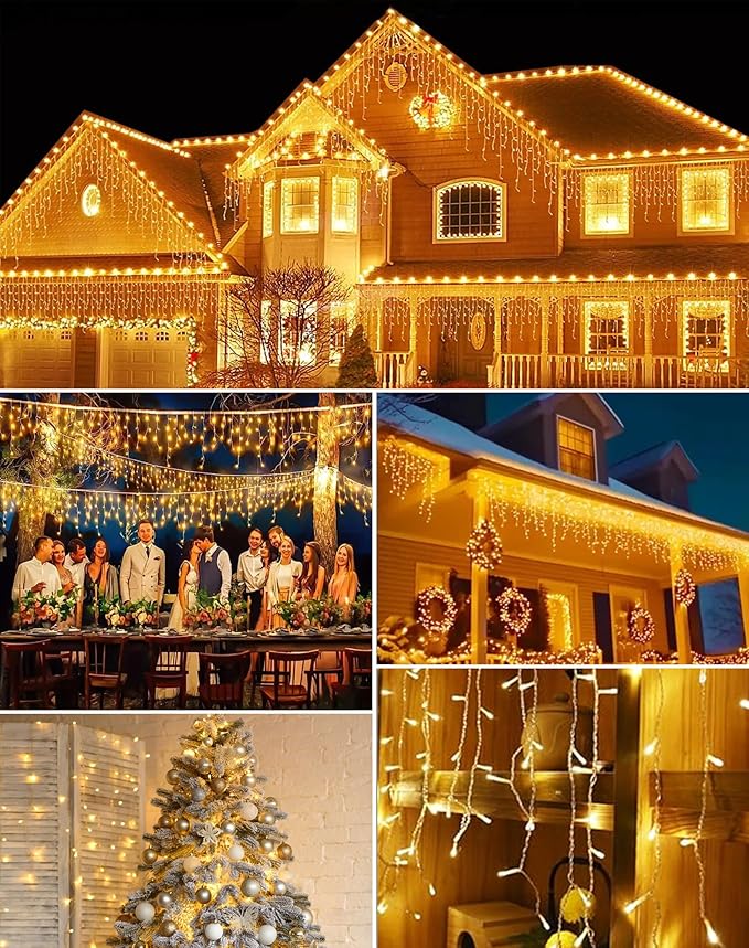 Christmas Icicle Lights Outside 624 LED 59FT Warm White, 96 Drops 2700K Icicle Christmas Lights with Remote/8 Modes/Timer, IP44 Waterproof for Roof Gutter Wedding Holiday Decorations