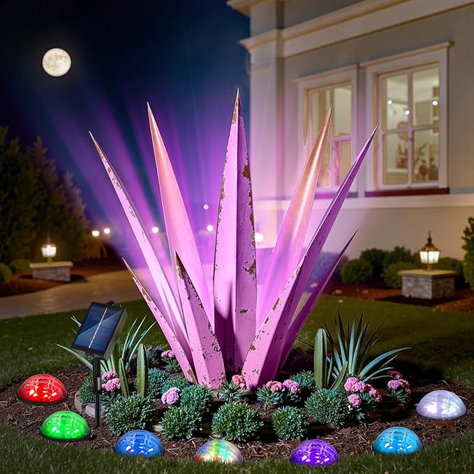 24” Large Solar Metal Agave Plants Outdoor Decor, Tequila Rustic Sculpture Outdoor Statues, Garden Sculpture for Patio Path Courtyard and Lawn (Vintage Purple-Solar Light)