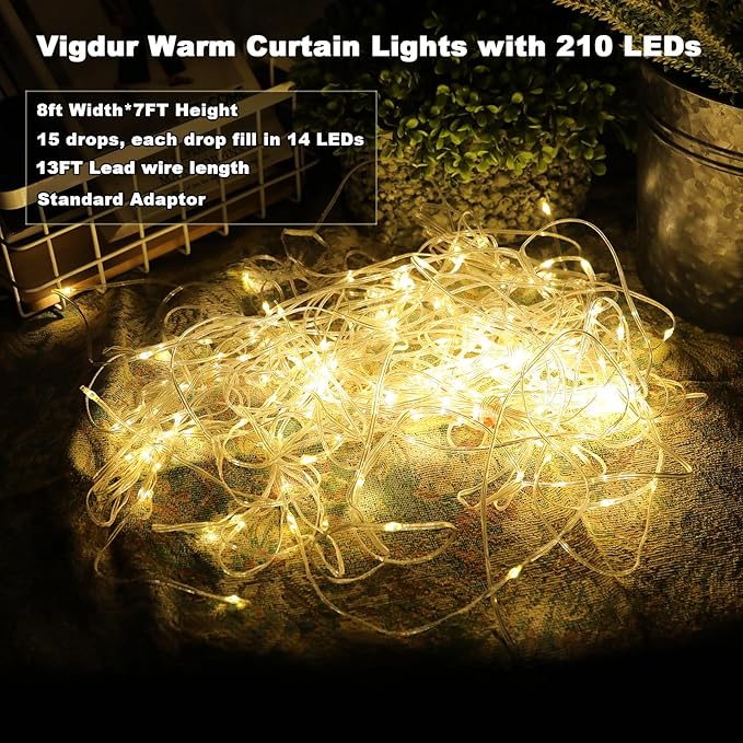Vigdur Led Curtain String Lights, 2 Packs 8FT Window Fairy Lights for Bedroom with 210 Warm LEDs, Hanging Twinkle Indoor String Light for Party Wedding Garden Wall Decor(8 * 7ft)