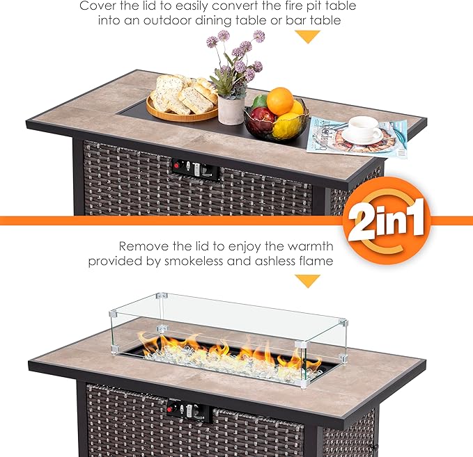 Nuu Garden Outdoor 43 50,000 BTU Propane Gas Fire Pit Table, Ceramic Tabletop and Rattan Weaved Iron Frame, Water-Proof Oxford Cover, Glass Wind Guard, Glass Beads, Lid Included, Dark Brown & Coffee