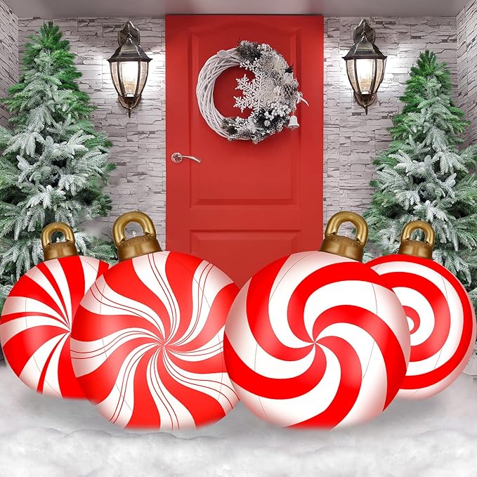 Jetec 4 Pcs Giant Inflatable Christmas Ball Large Xmas Inflatable Ornaments PVC Outdoor Holiday Blow Ball Outside Yard Lawn Porch Decorations (Candy,Red,White)